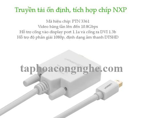 Ugreen 10425 3M Màu Trắng Cáp chuyển đổi Mini DP sang DVI 24 + 1 hỗ trợ phân giải 1080P MD102 30010425